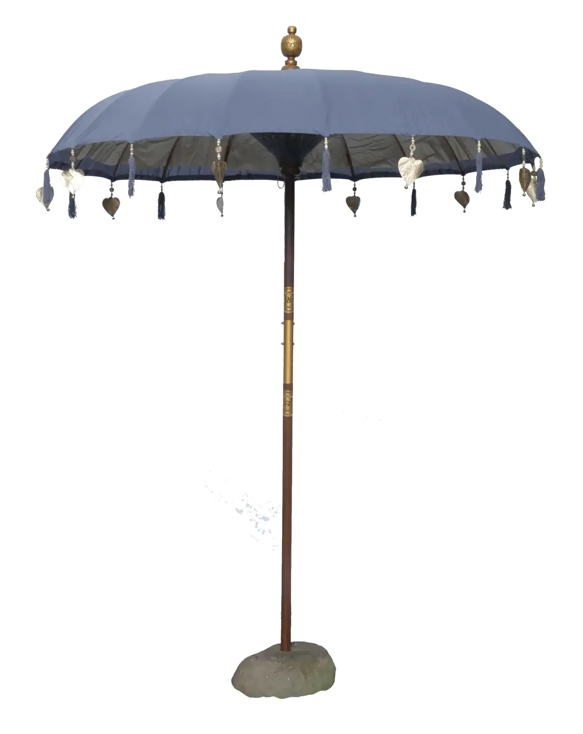  Product image 1 of the product “Bali umbrella, Dark Grey 1 with wooden coins and gold leaves hanging around the edge. Approx. 190cm dia. and 250cm height ”